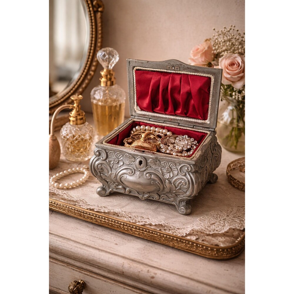 Vintage Silver Tone Jewelry Casket | Rococo Style Ornate Vanity Trinket Box